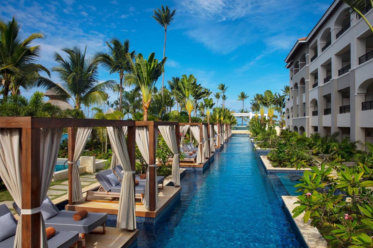 Cabana-lined pool walkway
